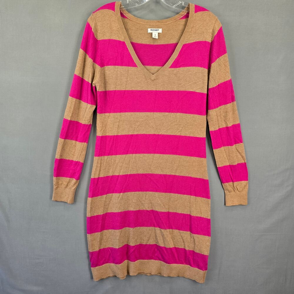 Old Navy Brown Pink Striped Sweater Dress Midi Bodycon Long Sleeves Women Size M